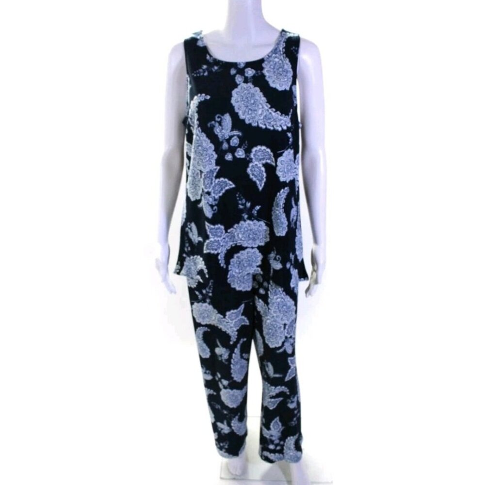 Boston Proper Sleeveless Paisley Top Wide Leg Pants Set Crop Navy Size Medium